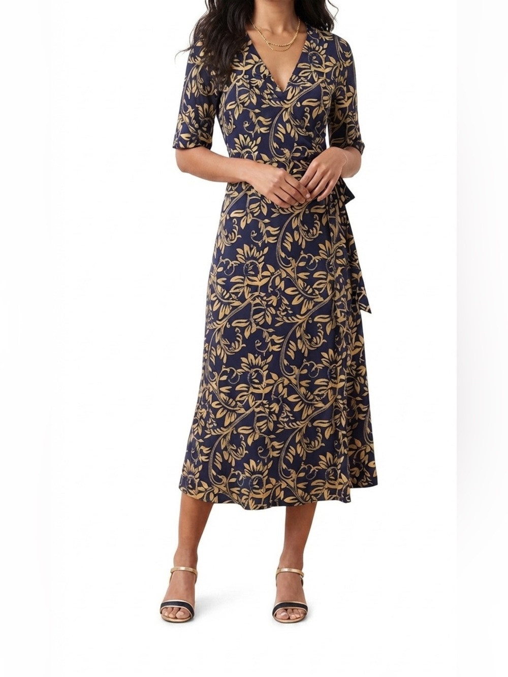 JM Collection Navy & Mustard Floral Wrap Dress